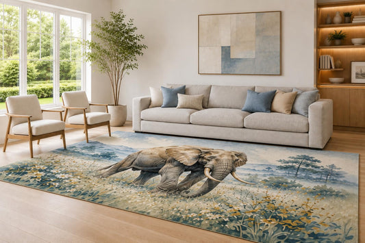 ICE ARMOR Large 6'7" x 9'10" Blue and Beige Meadow Elephant Area Rug for Living Room, Soft Low Pile Carpet with Non-Slip Silicone Backing, Decor for Bedroom Dining Room and Home Office