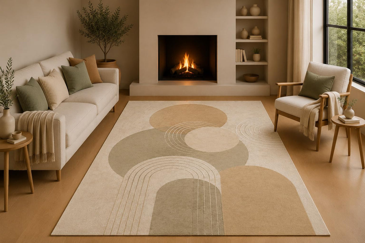 ICE ARMOR 5' x 7' Neutral Abstract Area Rug with Non-Slip Silicone Backing Low Pile Soft Carpet for Living Room Bedroom Modern Beige Geometric Arch Decor