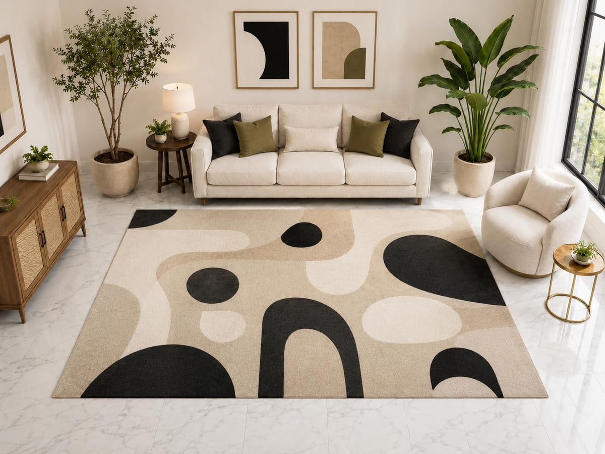 ICE ARMOR Large 6'7" x 9'10" Modern Organic Shape Area Rug, Soft Low Pile Indoor Rug with Non-Slip Silicone Backing for Living Room Bedroom, Beige Black