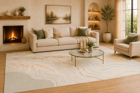 ICE ARMOR Large 6'7" x 9'10" Cream and Golden Color Botanical Waves Area Rug for Living Room, Soft Low Pile Carpet with Non-Slip Silicone Backing, Decor for Bedroom and Home Office