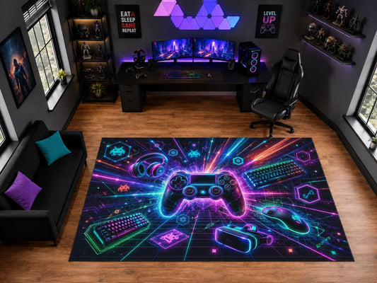 ICE ARMOR "Ultra Light Weight Large 6'7" x 9'10" Neon Gaming Gear Burst Area Rug for Playroom Decor, Soft Low Pile Indoor Rug with Non-Slip Silicone Backing, Black Multicolor
