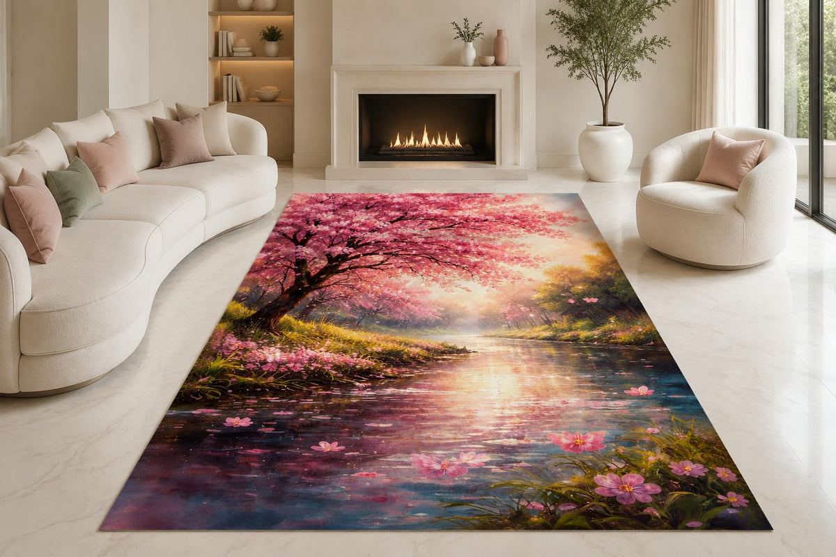 ICE ARMOR "Ultra Lightweight Large 6'7" x 9'10" Cherry Tree Lake Area Rug for Living Room, Bedroom and Home Office, Soft Low Pile Carpet with Non-Slip Silicone Backing, Pink and Purple