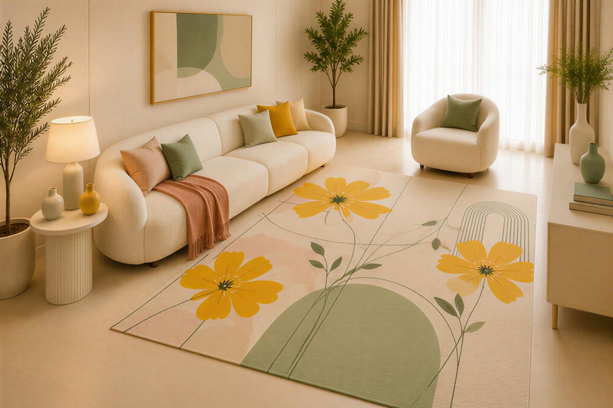 ICE ARMOR 5' x 7' Yellow Floral Area Rug, Modern Botanical Flower Garden Design for Living Room Bedroom Nursery, Non-Slip Silicone Backing, Low Pile Carpet
