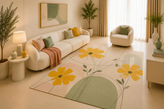 ICE ARMOR 5' x 7' Yellow Floral Area Rug, Modern Botanical Flower Garden Design for Living Room Bedroom Nursery, Non-Slip Silicone Backing, Low Pile Carpet