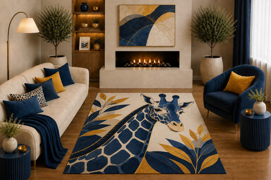 ICE ARMOR "Ultra Light Weight 5' x 7' Blue Giraffe Area Rug Botanical Safari Wildlife Art for Living Room Bedroom Nursery Office Modern Decor Non-Slip Silicone Backing Low Pile