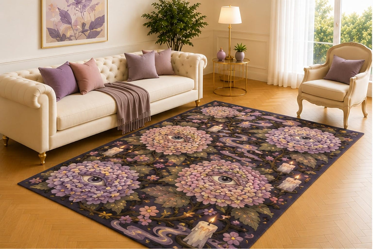 ICE ARMOR 5' x 7' Mystical Eye Hydrangea Rug, Dark Purple Floral Pattern with Candles and Hidden Eyes, Surreal Floor Decor for Bedroom, Lounge or Creative Studio
