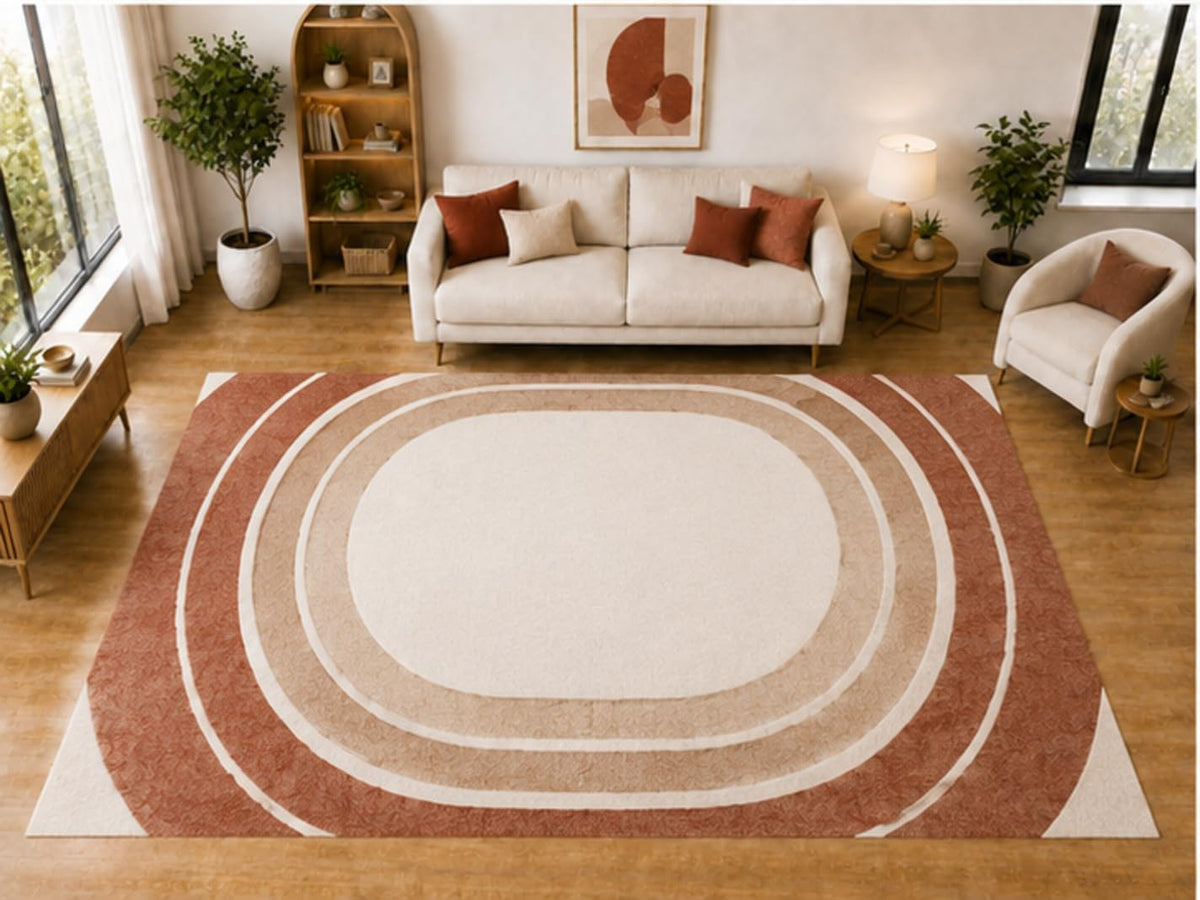 ICE ARMOR "Ultra Light Weight Large 6'7 x 9'10 Terracotta Concentric Curve Pattern Area Rug for Living Room Bedroom Dining Room Soft Low Pile Indoor Carpet Modern Geometric Floor Decor