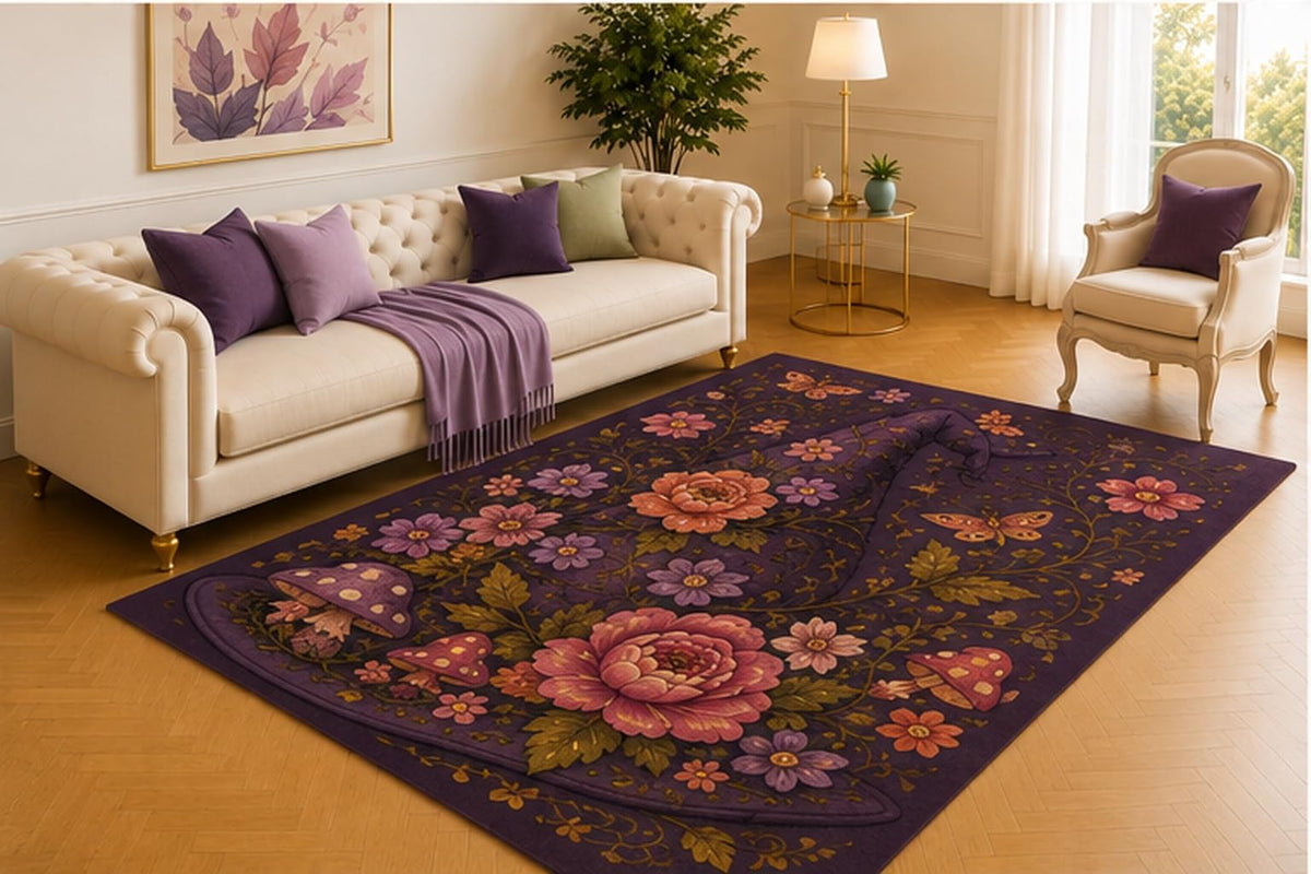 ICE ARMOR 5' x 7' Enchanted Mushroom Flower Rug, Plum Botanical Pattern with Peonies, Moths and Forest Details, Whimsical Floor Decor for Bedroom or Reading Nook
