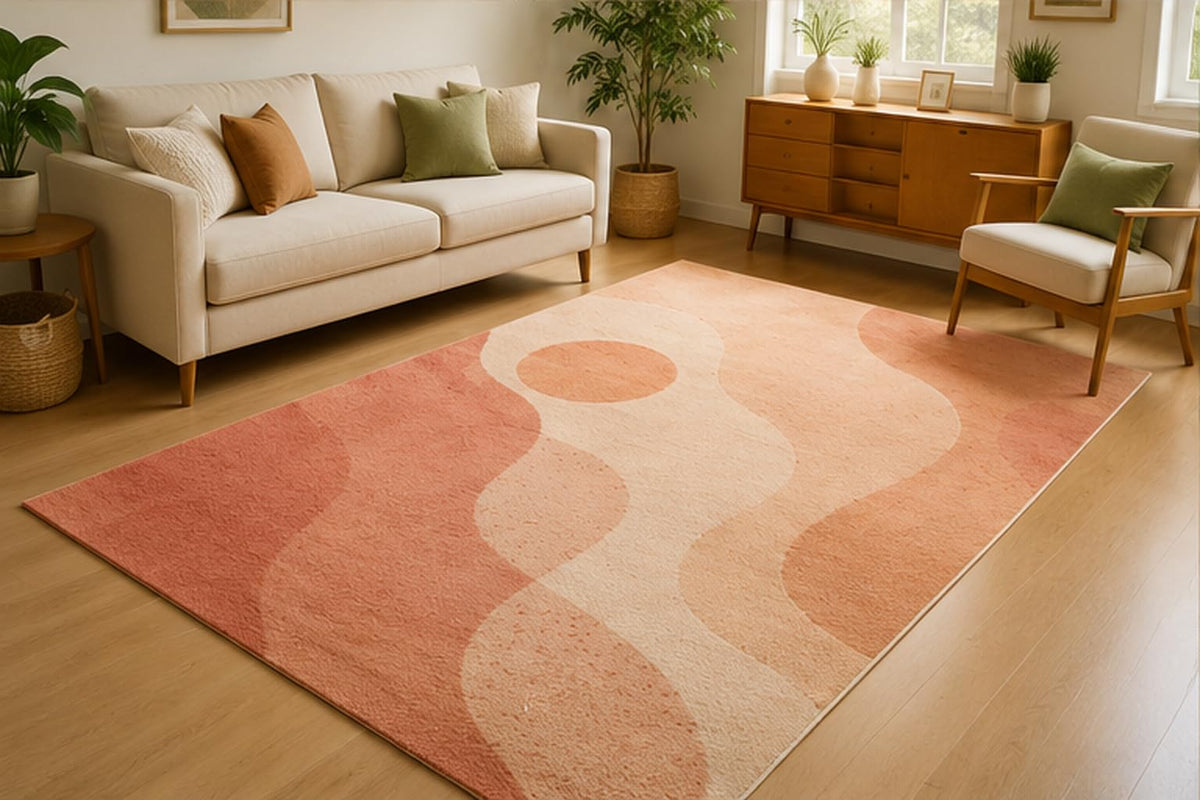 ICE ARMOR 5' x 7' Abstract Sunset Wave Area Rug for Living Room, Soft Low Pile Indoor Rug with Non-Slip Silicone Backing, Modern Decorative Carpet for Bedroom, Office, Family Room, Coral Peach Beige