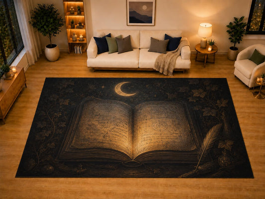 ICE ARMOR "Ultra Light Weight Large 6'7" x 9'10" Ancient Spell Book Crescent Moon Area Rug for Living Room Bedroom, Soft Low Pile Non-Slip Backing, Black Brown Witchy Dark Academia Decor
