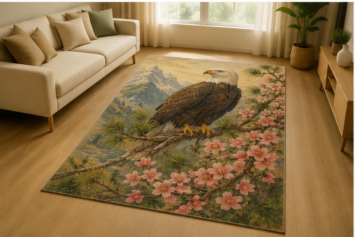 ICE ARMOR 5' x 7' Bald Eagle Mountain Blossom Area Rug for Living Room, Soft Low Pile Indoor Rug with Non-Slip Silicone Backing, Wildlife Nature Decor for Bedroom, Office, Family Room