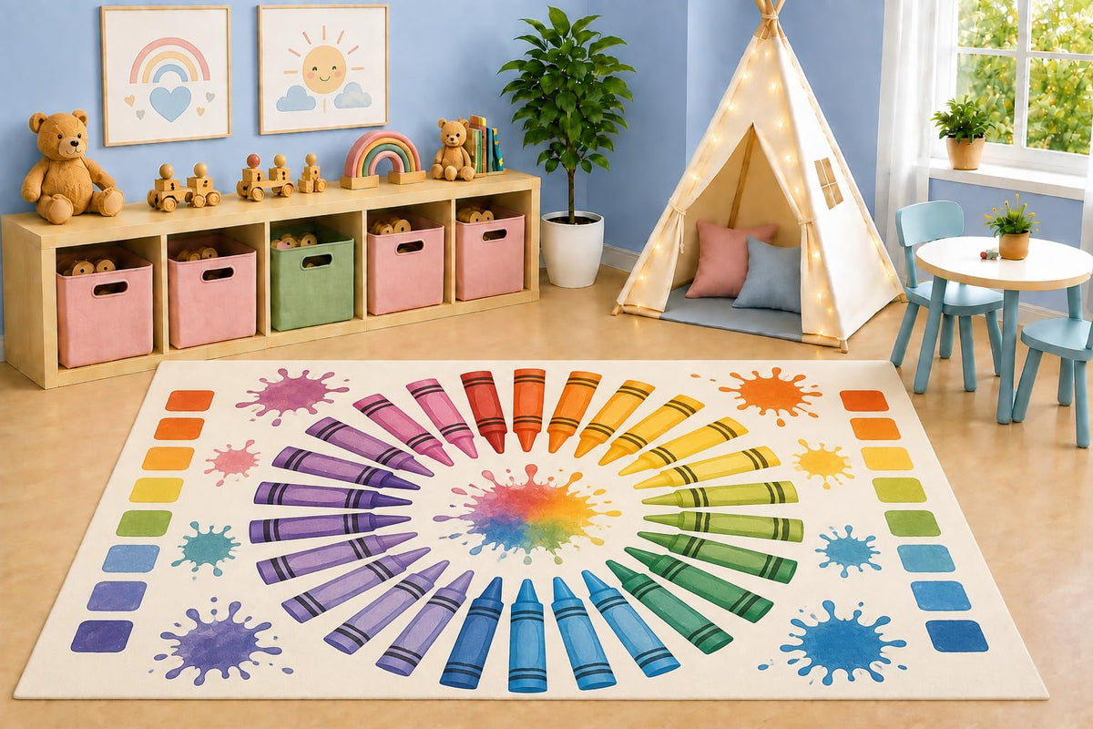 ICE ARMOR 5' x 7' Color Wheel Crayons Area Rug, Educational Art Classroom Rainbow Paint Splash Kids Playroom Bedroom Rug, Non-Slip Silicone Backing Low Pile