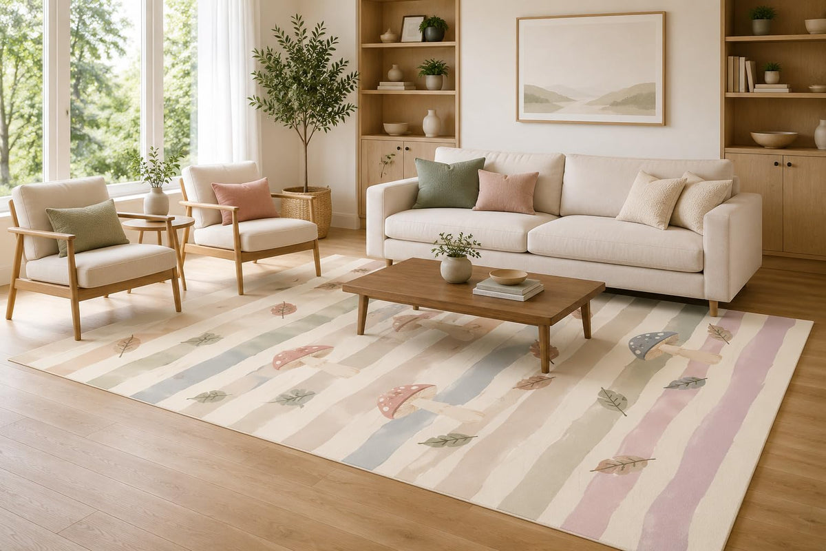 ICE ARMOR Large 6'7" x 9'10" Sage and Blush Striped Mushroom Area Rug for Living Room, Soft Low Pile Carpet with Non-Slip Silicone Backing, Decor for Bedroom, Dining Area and Home Office