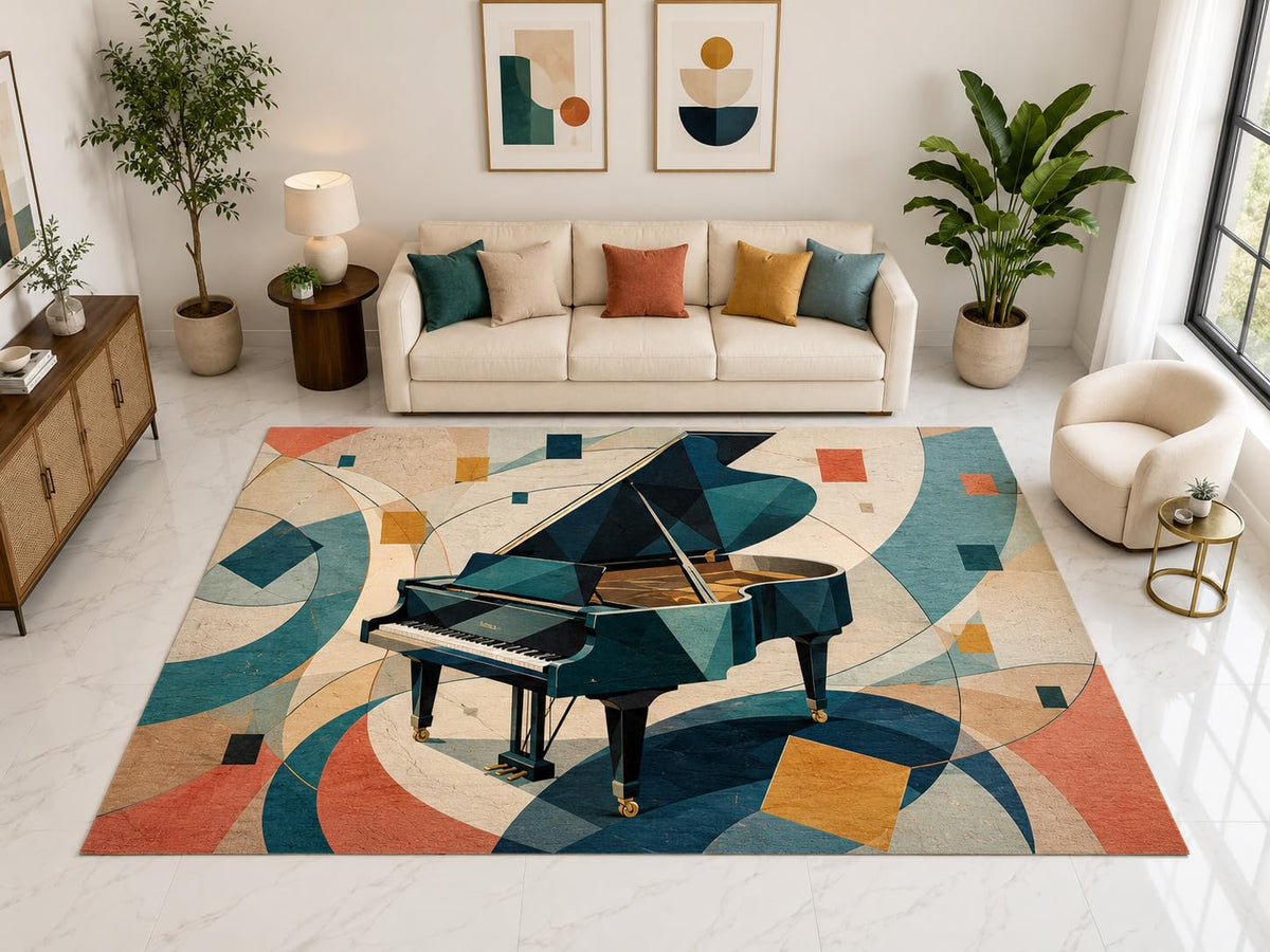 ICE ARMOR "Ultra Light Weight Large 6'7" x 9'10" Abstract Grand Piano Rug, Soft Low Pile Indoor Rug, Non-Slip Silicone Backing for Living Room Teal