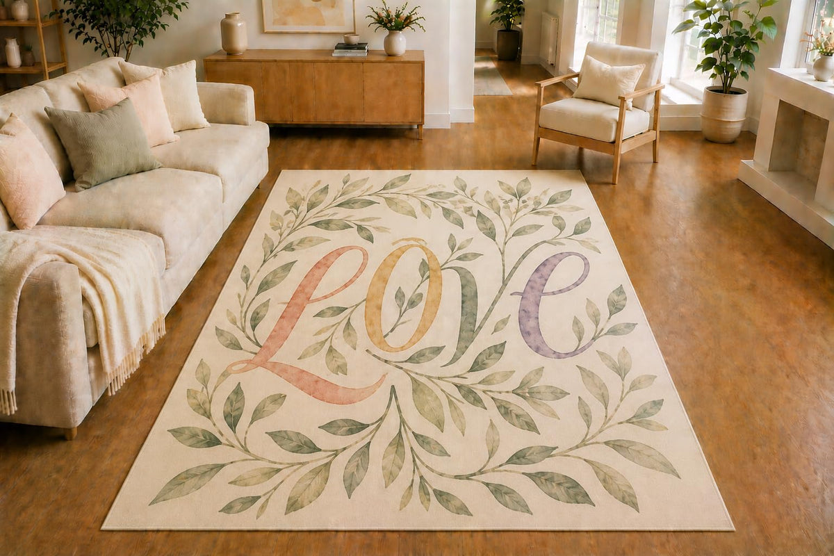 ICE ARMOR 5' x 7' Botanical Script Love Area Rug, Soft Low Pile Indoor Rug with Non-Slip Silicone Backing for Living Room, Bedroom, Office, Family Room, Cream Sage Lavender