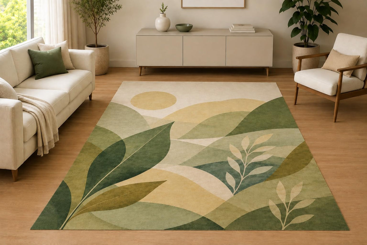 ICE ARMOR 5' x 7' Minimalist Botanical Area Rug for Living Room, Soft Low Pile Indoor Rug with Non-Slip Silicone Backing, Bedroom, Office, Sage Green Beige