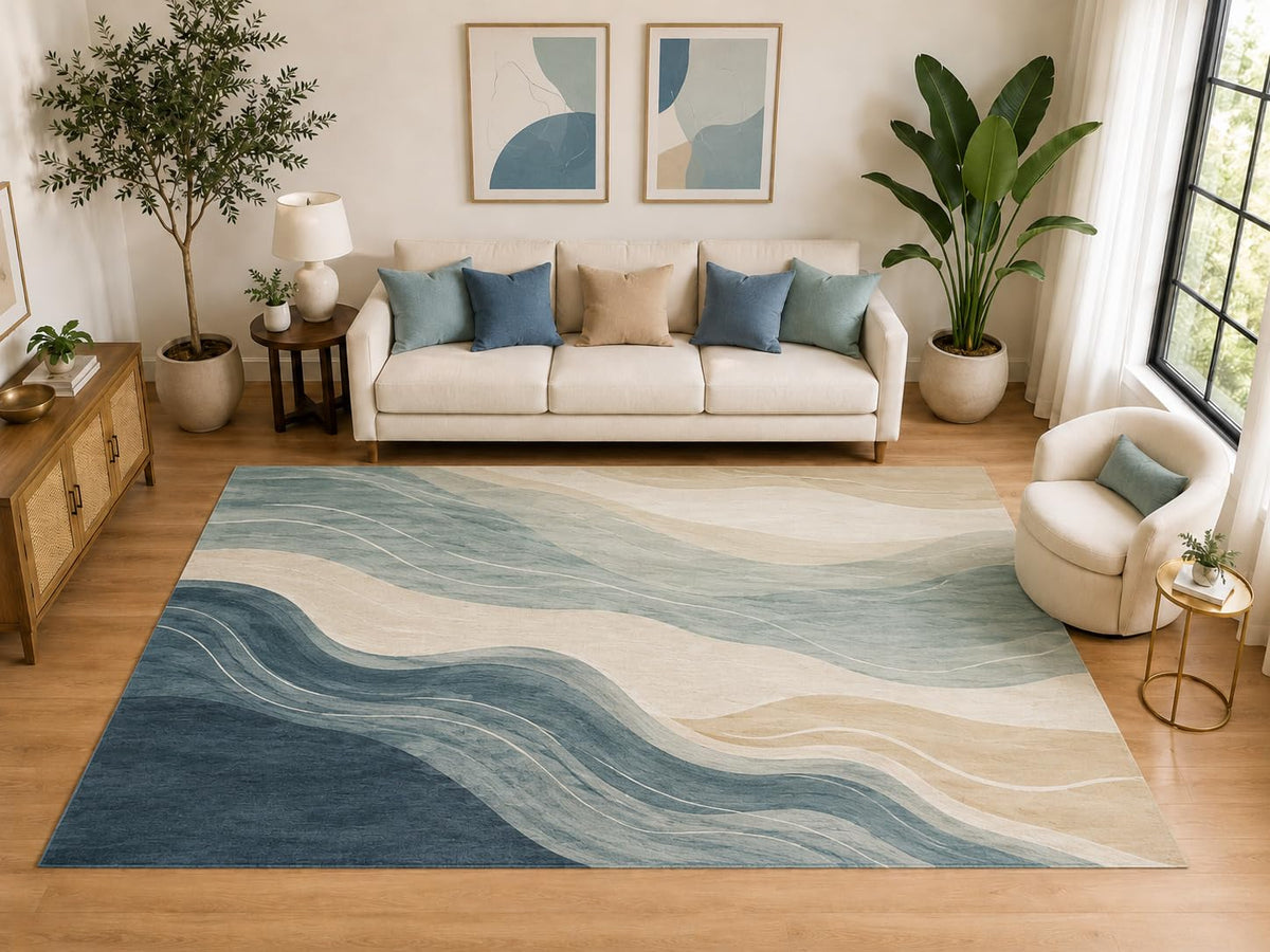 ICE ARMOR "Ultra Light Weight Large 6'7" x 9'10" Ocean Wave Area Rug, Soft Low Pile Indoor Rug and Non-Slip Silicone Backing for Living Room Bedroom, Blue Beige