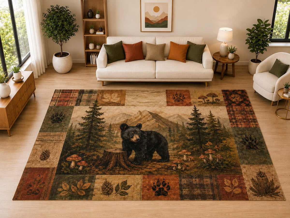 ICE ARMOR "Ultra Light Weight Large 6'7" x 9'10" Bear Cub Forest Mountain Decor, Living Room, Bedroom, Dining Room, Office, Family Room, Soft Low Pile Indoor Rug, Non-Slip Silicone Backing, Brown