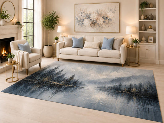 ICE ARMOR 6'7" x 9'10" Misty Pine Forest Area Rug for Living Room, Soft Low Pile Indoor Floor Cover with Non-Slip Silicone Backing, Decorative Carpet for Bedroom, Dining Room and Office, Blue Gray