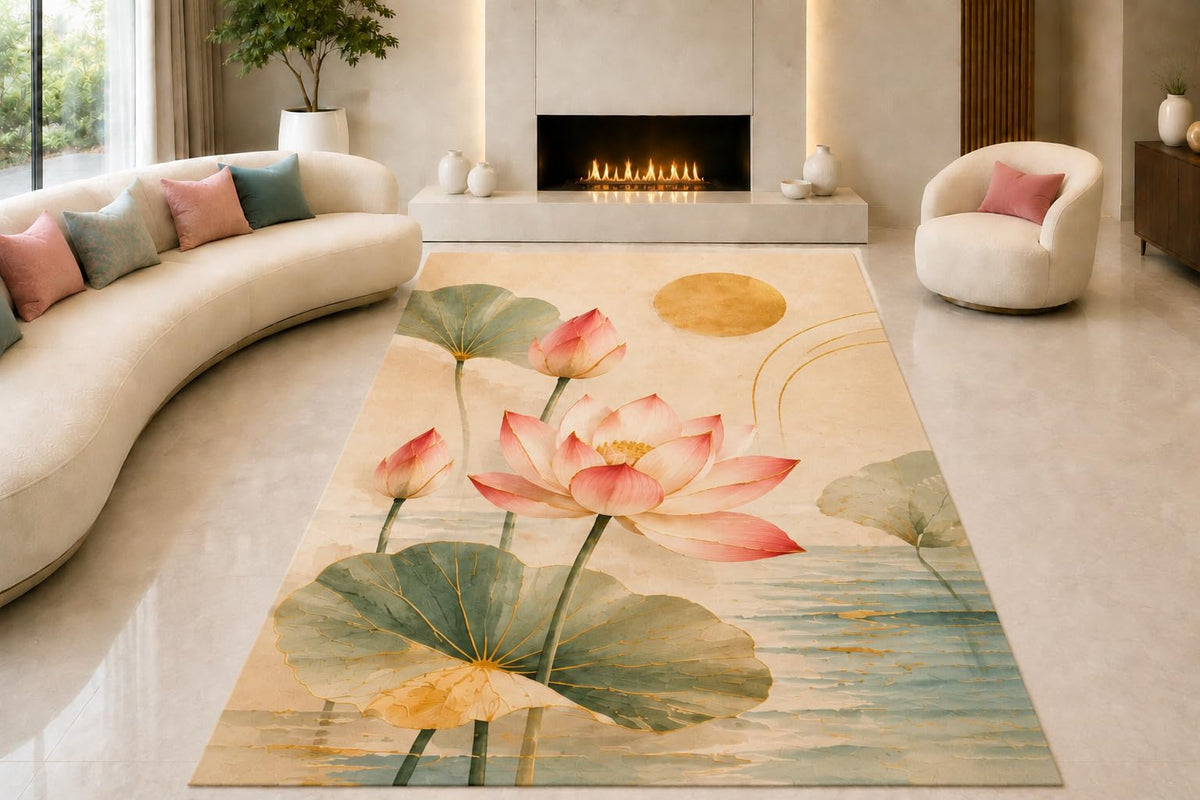 ICE ARMOR "Ultra Lightweight Large 6'7" x 9'10" Lotus Sunrise Pond Area Rug for Living Room, Bedroom and Home Office, Soft Low Pile Carpet with Non-Slip Silicone Backing, Pink and Beige