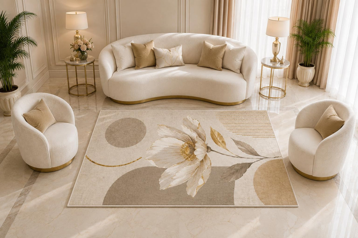 ICE ARMOR 5' x 7' Neutral Floral Area Rug, Elegant Beige Flower Botanical Geometric Design for Living Room Bedroom Dining Room Decor, Non-Slip Silicone Backing Low Pile
