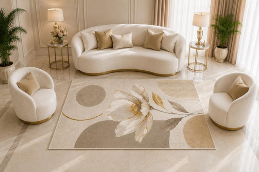ICE ARMOR 5' x 7' Neutral Floral Area Rug, Elegant Beige Flower Botanical Geometric Design for Living Room Bedroom Dining Room Decor, Non-Slip Silicone Backing Low Pile