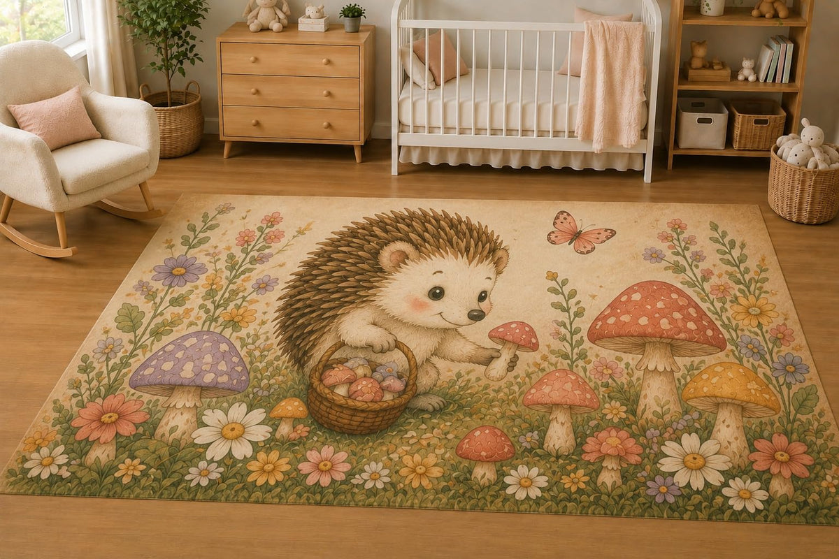 ICE ARMOR 5' x 7' Baby Hedgehog Mushroom Garden Area Rug for Nursery, Soft Low Pile Indoor Rug with Non-Slip Silicone Backing, Kids Room, Playroom, Kids & Pets, Beige Pastel
