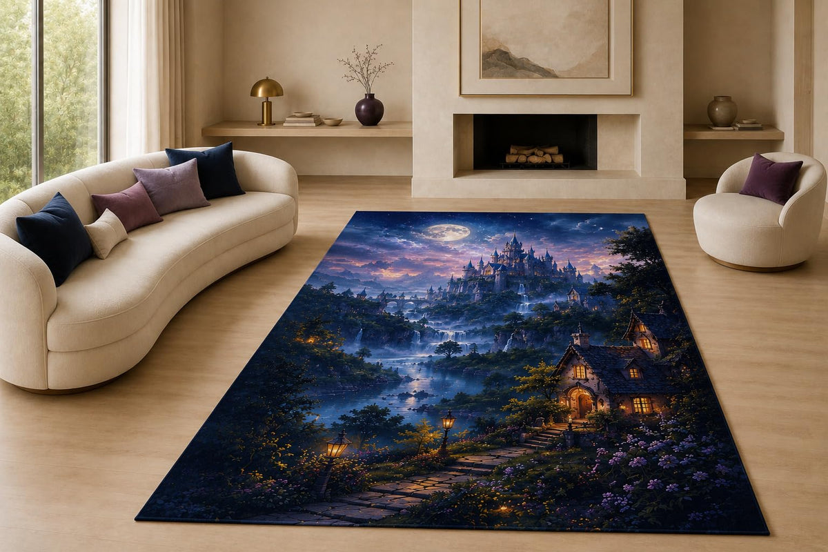 ICE ARMOR "Ultra Lightweight Large 6'7" x 9'10" Waterfall Moon Castle Area Rug for Living Room, Bedroom and Home Office, Soft Low Pile Carpet with Non-Slip Silicone Backing, Blue and Purple