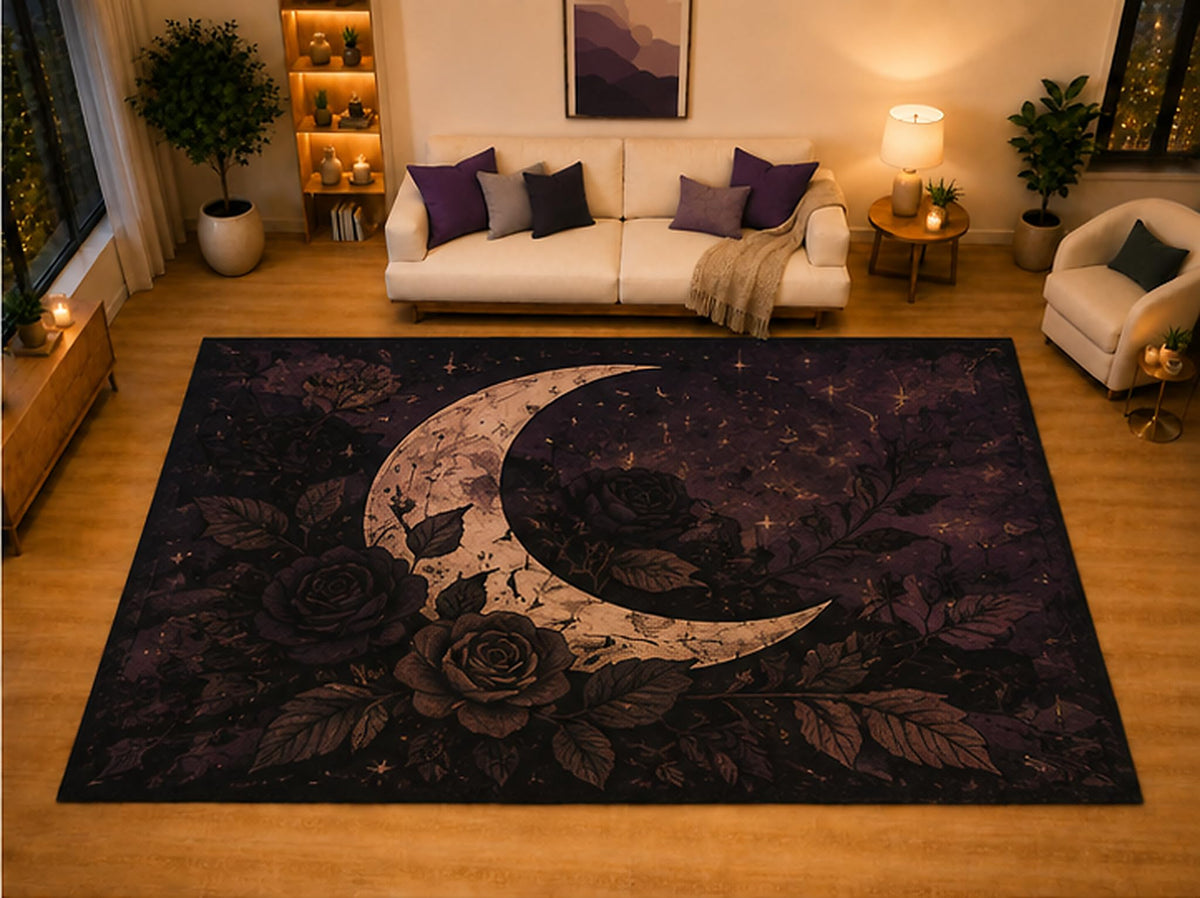 ICE ARMOR "Ultra Light Weight Large 6'7" x 9'10" Crescent Moon Black Rose Area Rug for Living Room Bedroom, Soft Low Pile Non-Slip Backing, Black Purple Gothic Celestial Decor