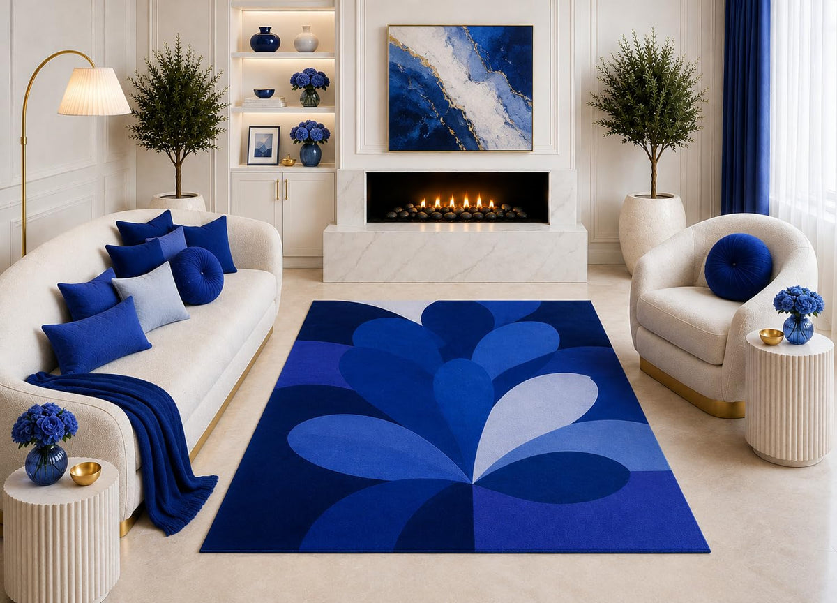ICE ARMOR "Ultra Light Weight 5' x 7' Royal Blue Abstract Floral Area Rug, Modern Geometric Petal Design for Living Room Bedroom, Non-Slip Silicone Backing Low Pile