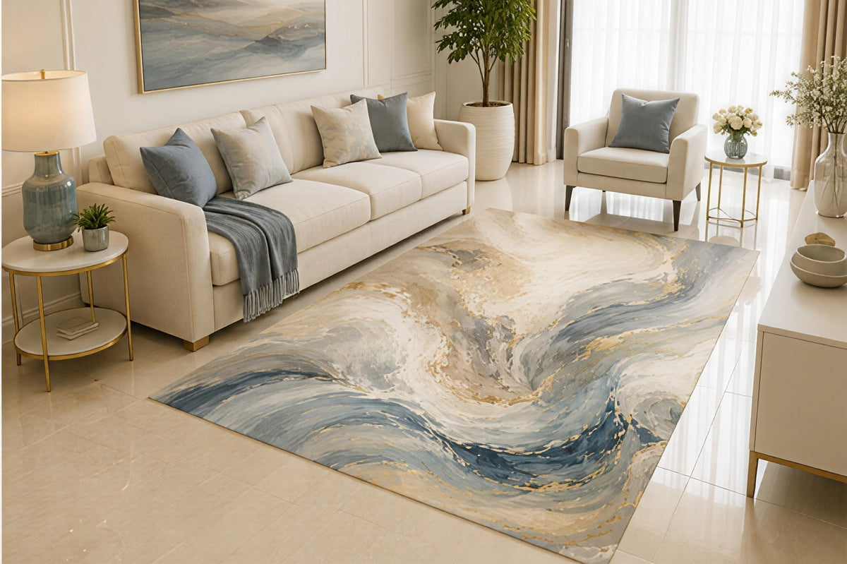 ICE ARMOR 5' x 7' Blue Abstract Wave Area Rug, Modern Ocean Inspired Marble Art Design for Living Room Bedroom Office, Non-Slip Silicone Backing, Low Pile Carpet