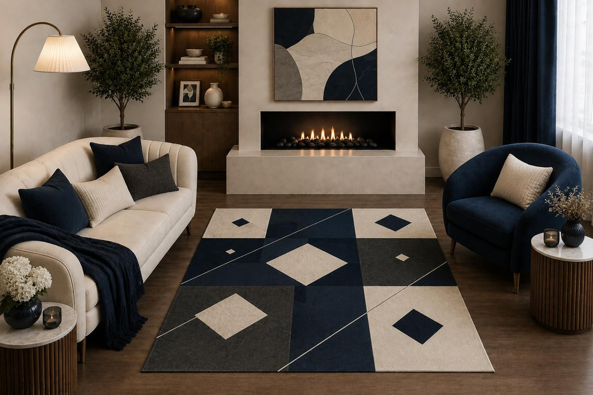 ICE ARMOR "Ultra Light Weight 5' x 7' Contemporary Geometric Area Rug Navy Blue Charcoal Beige Diamond Block Design for Living Room Bedroom Dining Room Office Non-Slip Silicone Backing Low Pile