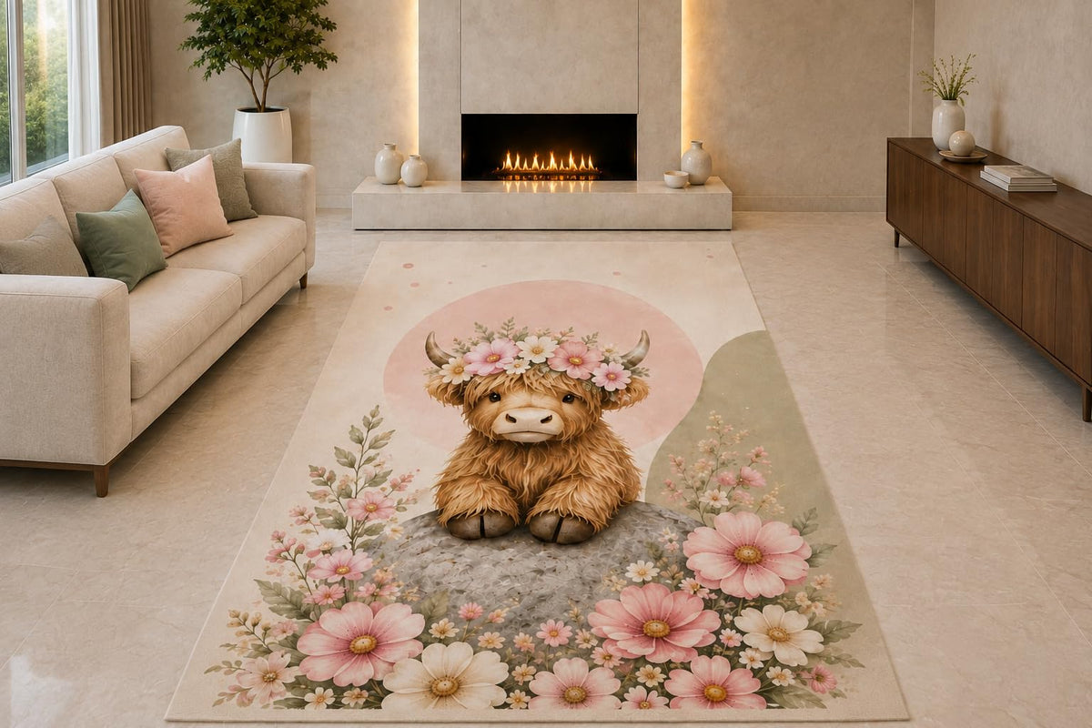 ICE ARMOR "Ultra Light Weight 5' x 7' Flower Crown Cow Area Rug for Living Room, Bedroom and Home Office, Soft Low Pile Carpet with Non-Slip Silicone Backing, Cream and Pink