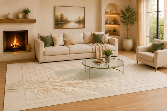 ICE ARMOR Large 6'7" x 9'10" Cream and Sage Green Feather Frame Area Rug for Living Room, Soft Low Pile Carpet with Non-Slip Silicone Backing, Decor for Bedroom and Home Office