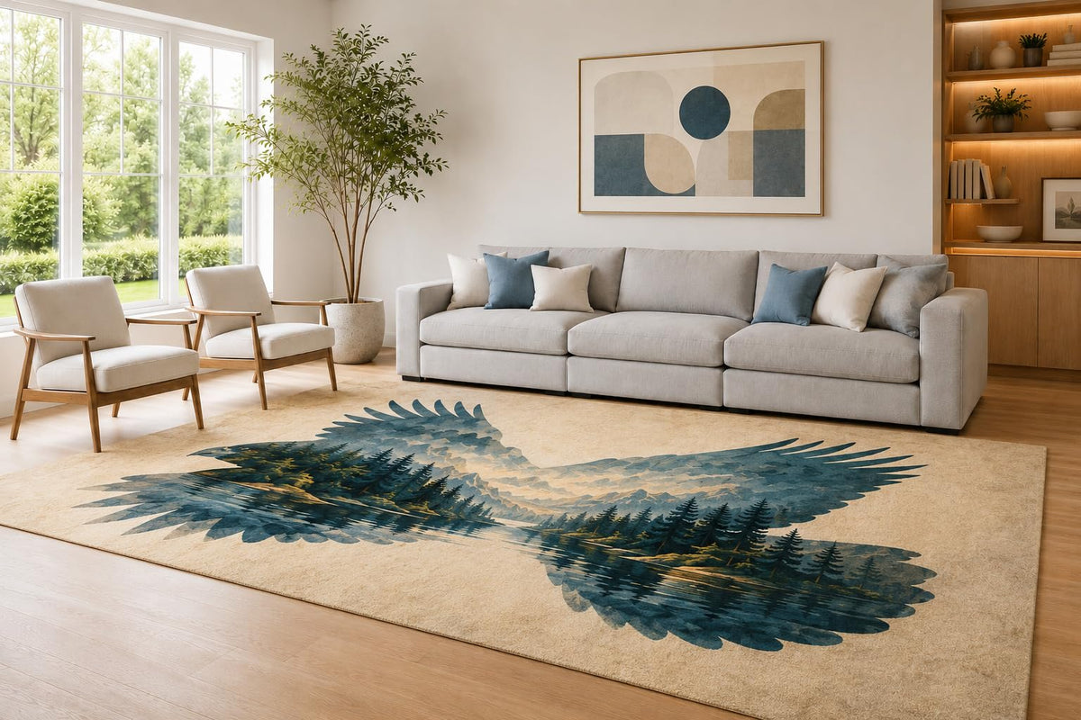 ICE ARMOR Large 6'7" x 9'10" Blue and Cream Eagle Silhouette Area Rug for Living Room, Soft Low Pile Carpet with Non-Slip Silicone Backing, Decor for Bedroom Dining Room and Home Office