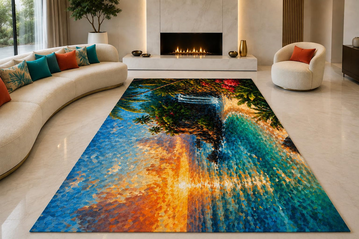 ICE ARMOR "Ultra Lightweight Large 6'7" x 9'10" Garden Reflection Area Rug for Living Room, Bedroom and Home Office, Soft Low Pile Carpet with Non-Slip Silicone Backing, Teal and Orange