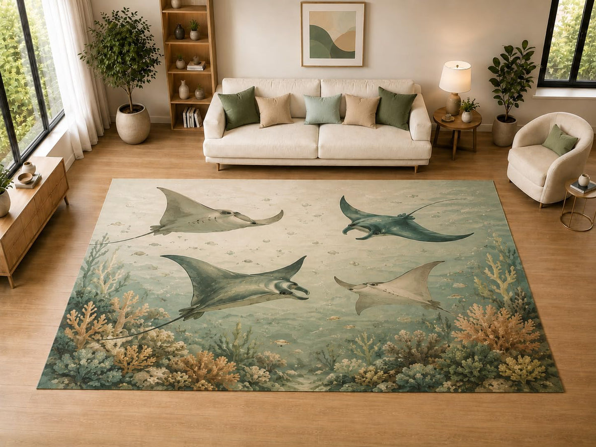 ICE ARMOR "Ultra Light Weight Large 6'7" x 9'10" Manta Rays, Living Room, Bedroom, Dining Room, Office, Family Room, Soft Low Pile Indoor Rug, Non-Slip Silicone Backing, Green