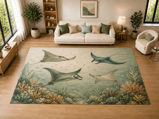 ICE ARMOR "Ultra Light Weight Large 6'7" x 9'10" Manta Rays, Living Room, Bedroom, Dining Room, Office, Family Room, Soft Low Pile Indoor Rug, Non-Slip Silicone Backing, Green