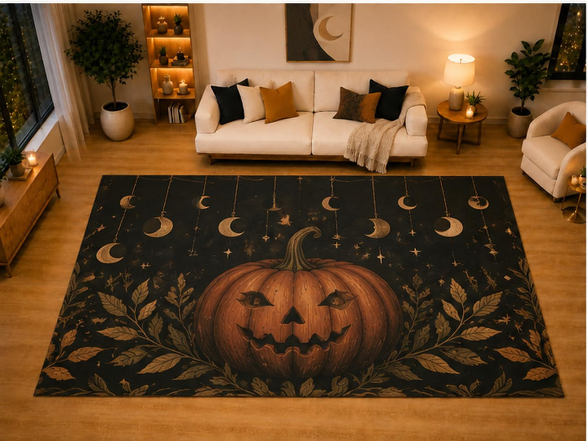 ICE ARMOR "Ultra Light Weight Large 6'7" x 9'10" Pumpkin Hanging Moon Phases Area Rug for Living Room Bedroom, Soft Low Pile Non-Slip Backing, Black Orange Botanical Halloween Decor