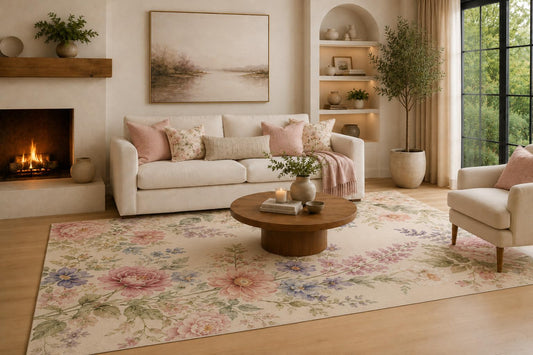 ICE ARMOR Large 6'7" x 9'10" Blush and Cream Vintage Floral Garden Area Rug for Living Room, Soft Low Pile Carpet with Non-Slip Silicone Backing, Decor for Bedroom and Home Office