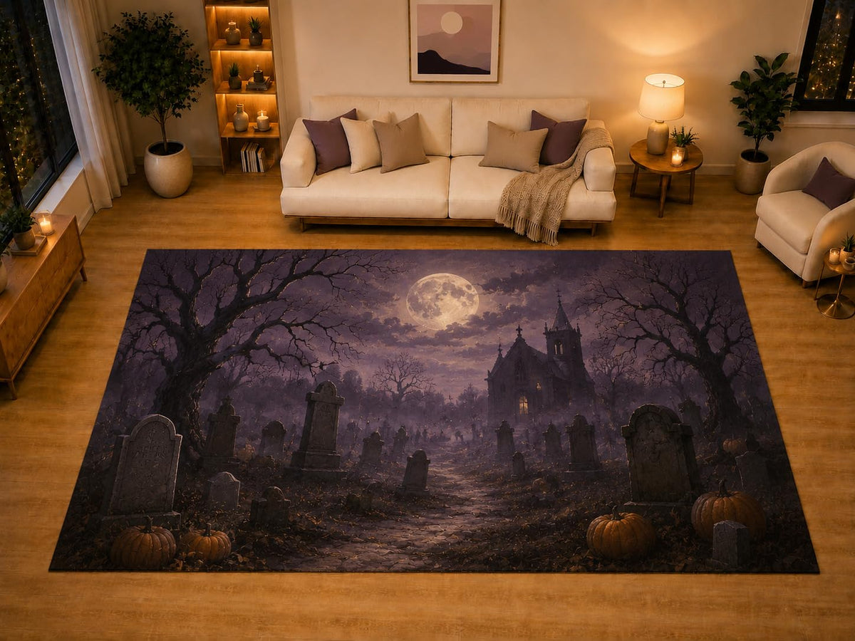ICE ARMOR "Ultra Light Weight Large 6'7" x 9'10" Haunted Graveyard Moon Area Rug for Living Room Bedroom, Soft Low Pile Non-Slip Backing, Purple Black Gothic Halloween Decor