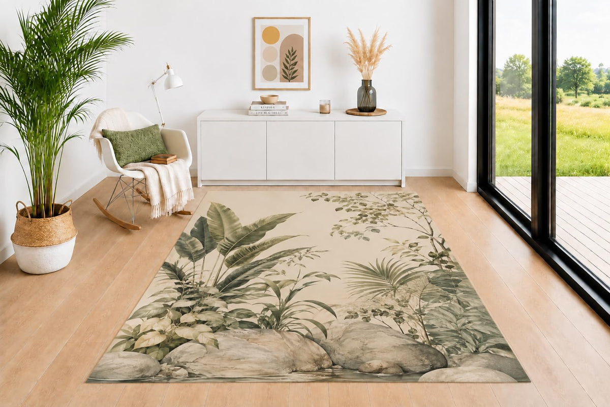 ICE ARMOR 5' x 7' Boho Area Rug, Pampas Grass Palm Fan and Wildflower Pattern in Sage Green Beige Mustard Earth Tones, Neutral Carpet for Living Room Bedroom Office Decor