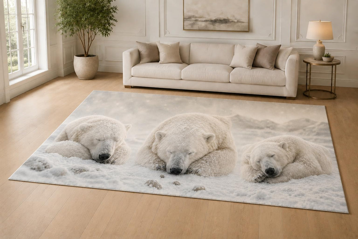 ICE ARMOR "Ultra Lightweight Large 6'7" x 9'10" Sleeping Polar Bears Area Rug for Living Room, Bedroom and Home Office, Soft Low Pile Carpet with Non-Slip Silicone Backing, White and Beige