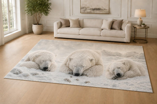 ICE ARMOR "Ultra Lightweight Large 6'7" x 9'10" Sleeping Polar Bears Area Rug for Living Room, Bedroom and Home Office, Soft Low Pile Carpet with Non-Slip Silicone Backing, White and Beige