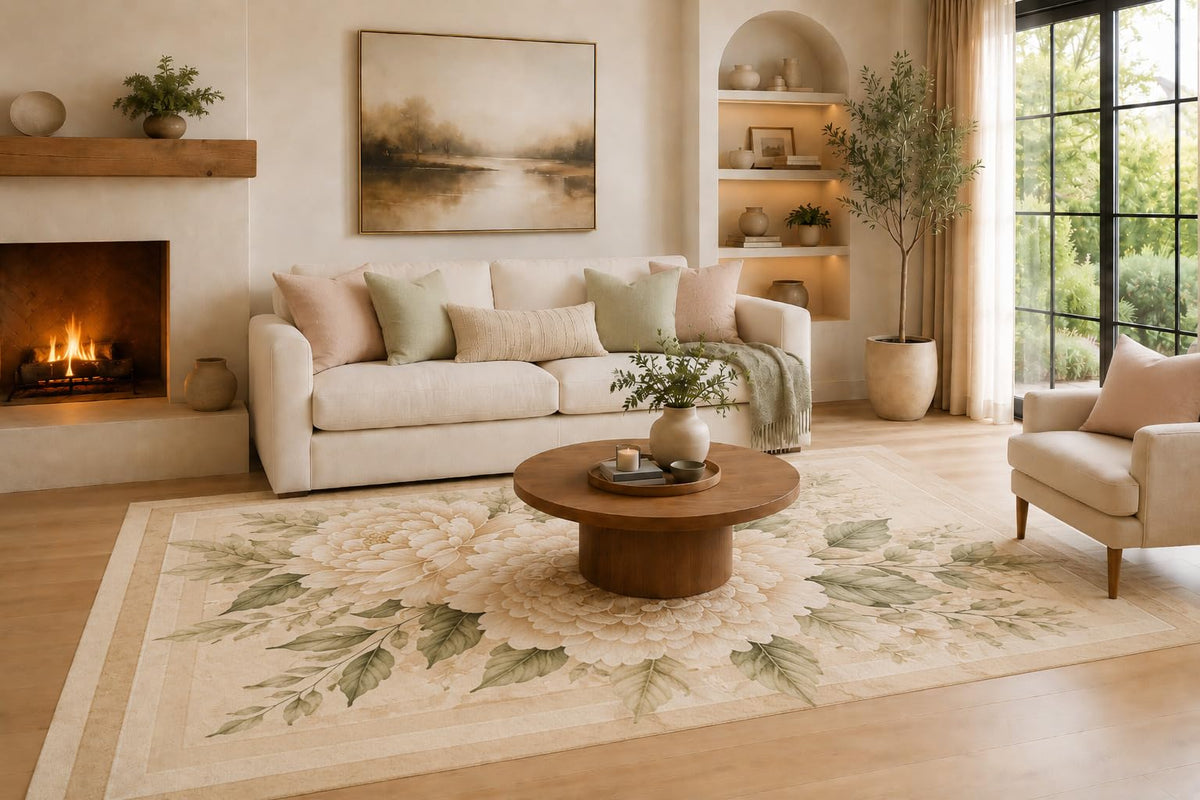 ICE ARMOR Large 6'7" x 9'10" Ivory and Beige Elegant Peony Border Area Rug for Living Room, Soft Low Pile Carpet with Non-Slip Silicone Backing, Decor for Bedroom, Dining Area and Home Office