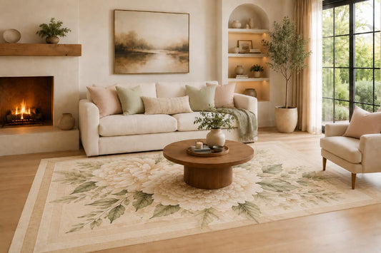 ICE ARMOR Large 6'7" x 9'10" Ivory and Beige Elegant Peony Border Area Rug for Living Room, Soft Low Pile Carpet with Non-Slip Silicone Backing, Decor for Bedroom, Dining Area and Home Office