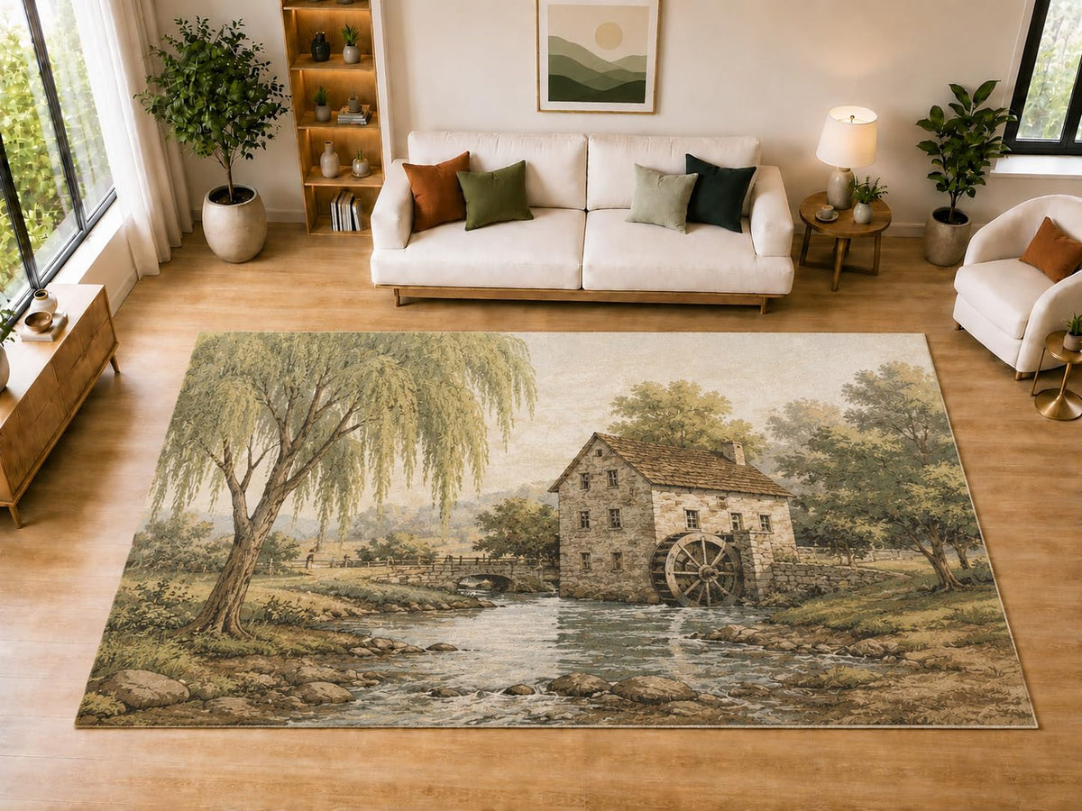 ICE ARMOR "Ultra Light Weight Large 6'7" x 9'10" Stone Watermill Willow Area Rug for Dining, Living Room, Bedroom, Soft Low Pile Indoor Rug with Non-Slip Silicone Backing, Beige Green