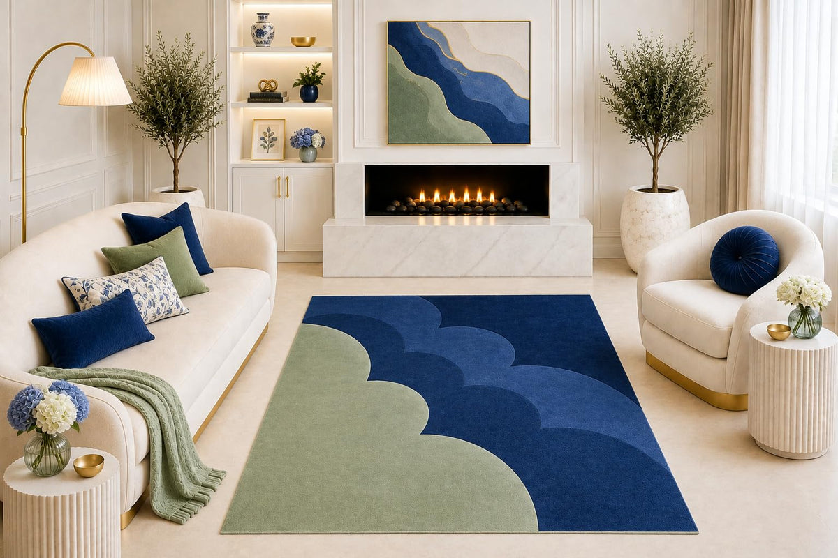 ICE ARMOR "Ultra Light Weight 5' x 7' Navy Blue Sage Green Abstract Area Rug, Modern Layered Scallop Design for Living Room Bedroom Dining Room, Non-Slip Silicone Backing Low Pile