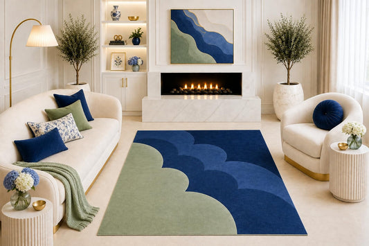 ICE ARMOR "Ultra Light Weight 5' x 7' Navy Blue Sage Green Abstract Area Rug, Modern Layered Scallop Design for Living Room Bedroom Dining Room, Non-Slip Silicone Backing Low Pile