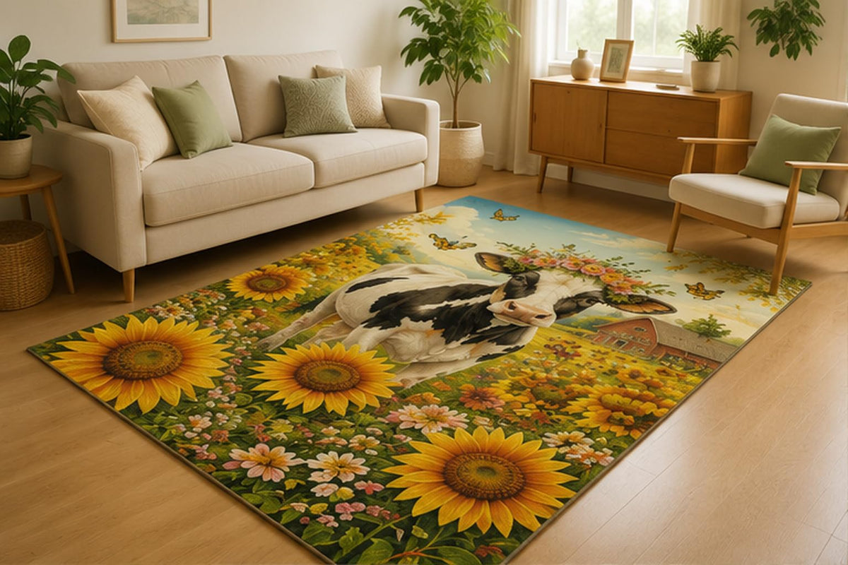 ICE ARMOR 5' x 7' Sunflower Cow Farm Area Rug for Living Room, Soft Low Pile Indoor Rug with Non-Slip Silicone Backing, Farmhouse Carpet for Bedroom, Office, Family Room, Kids & Pets, Yellow Green
